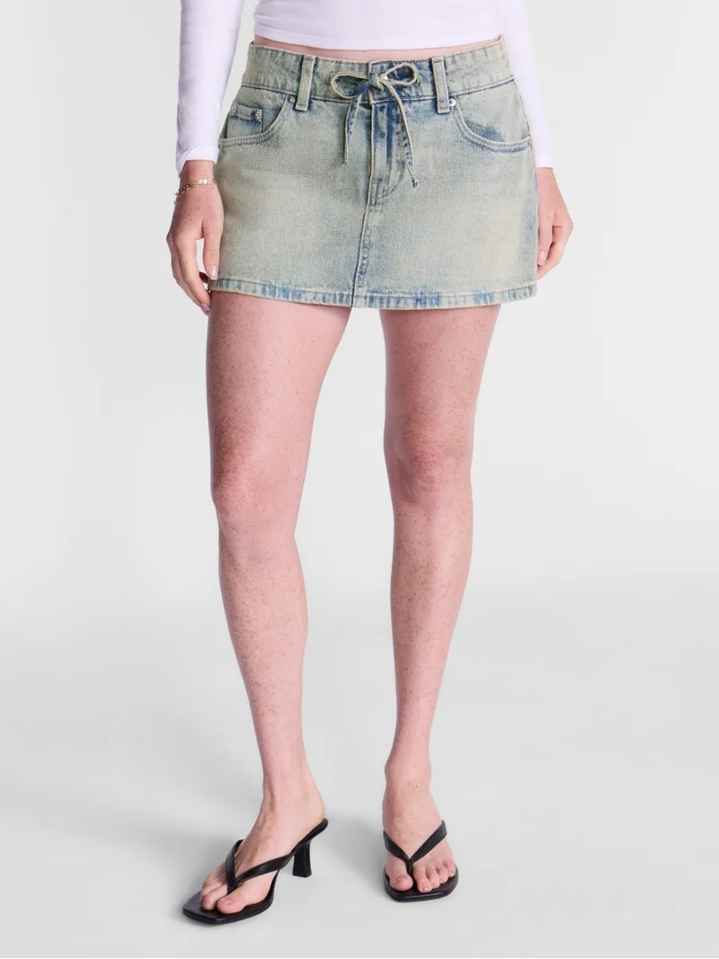 No Boundaries Self Tie Denim Cotton Mini Skort, Women\u2019s XXS-XXL | Walmart (US)