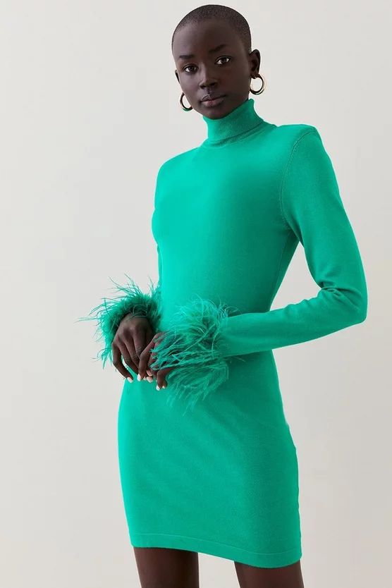 Feather Trim Knit Fitted Mini Dress | Karen Millen US