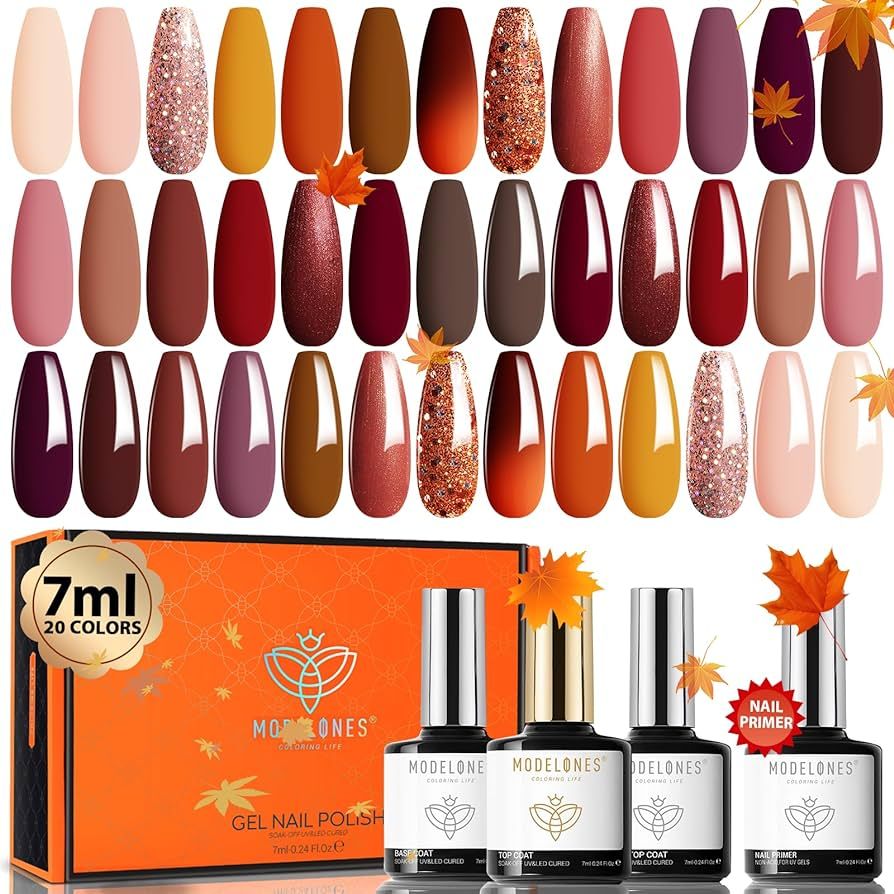 modelones 24 Pcs Gel Nail Polish Kit 7 ML, 20 Colors Fall Brown Nude Orange Glitter Gel Polish Se... | Amazon (US)