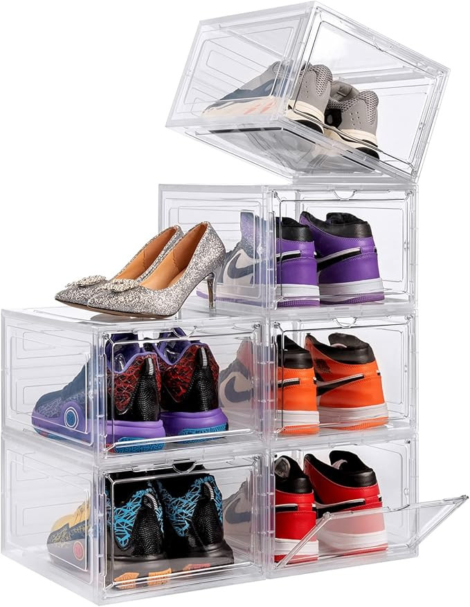 Large Sturdy Shoe Storage Boxes: Pack of 6 Stackable Clear Plastic Shoe Organizer Containers for ... | Amazon (US)