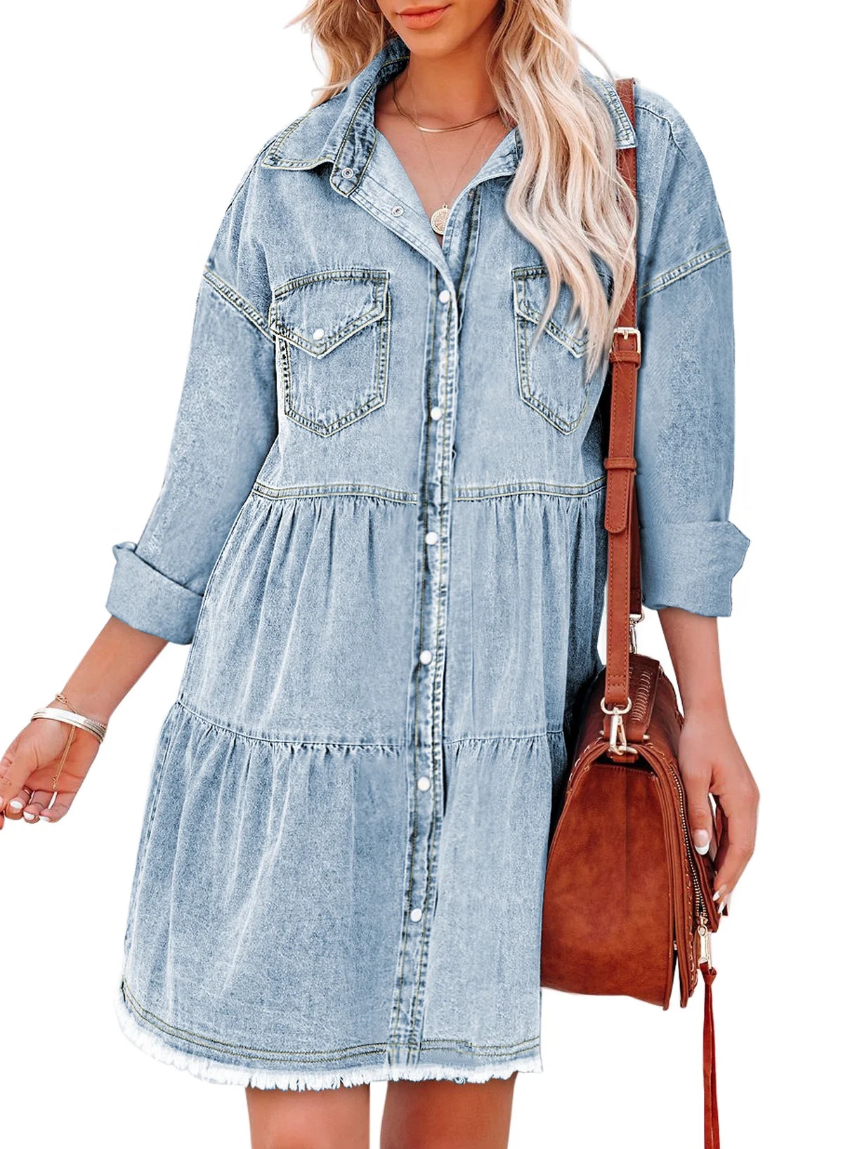 EVALESS Raw Hem Denim Dresses for Womens Long Sleeve V Neck Casual Loose Button Down Mini Dresses | Walmart (US)