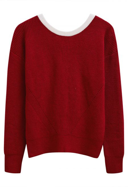 Contrast Double Bow Open Back Ribbed Knit Sweater in Red | Chicwish