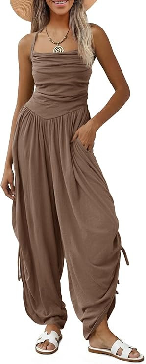 Fisoew Womens Casual Jumpsuits Summer Halter Straps Sleeveless Overalls Ruched Barrel Wide Leg Si... | Amazon (US)