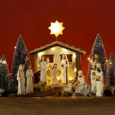 Nativity Scene Set With LED Star - 15 Piece Wooden Christmas Manger Decor With Angel & Animals, Indoor Stable Display For Family Holiday Home Decorati | Wayfair North America