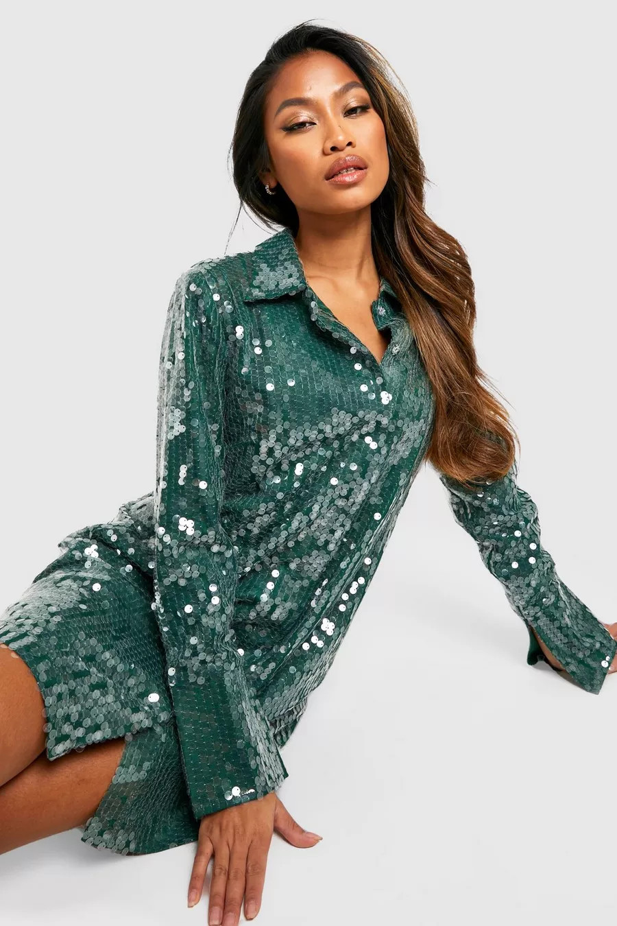 Sequin Split Cuff Power Shoulder Shirt Party Dress | Boohoo.com (UK & IE)