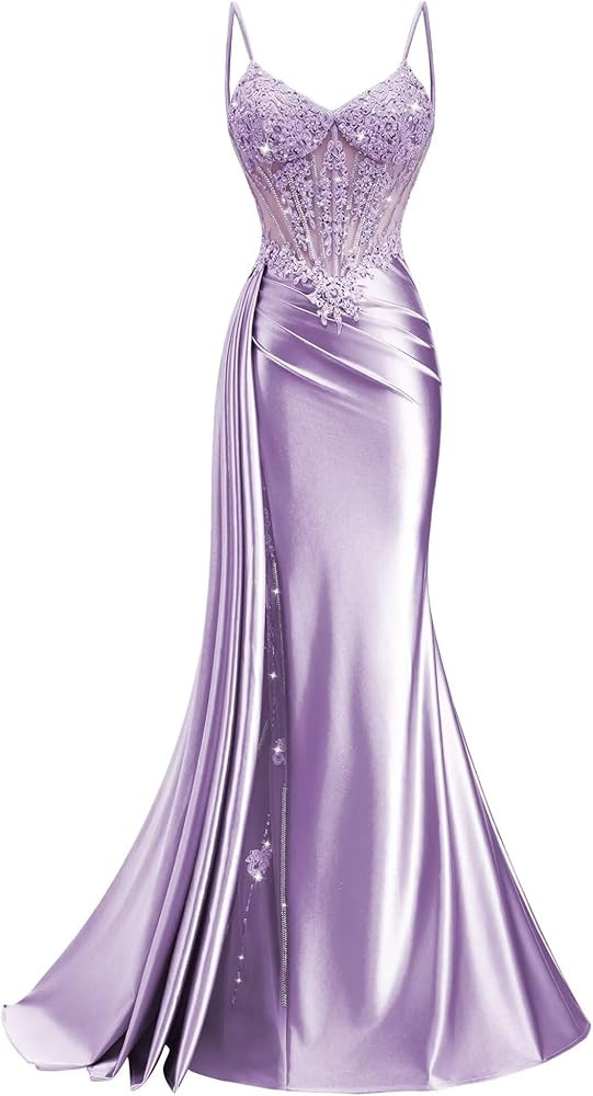 Rjer V Neck Mermaid Satin Prom Dresses 2025 Lace Appliques Corset Formal Evening Gowns with Train | Amazon (US)