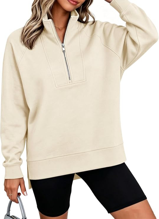 Fisoew Womens Half Zip Sweatshirts Oversized Workout Hoodies Pullover Tops | Side Slits, Stand Co... | Amazon (US)