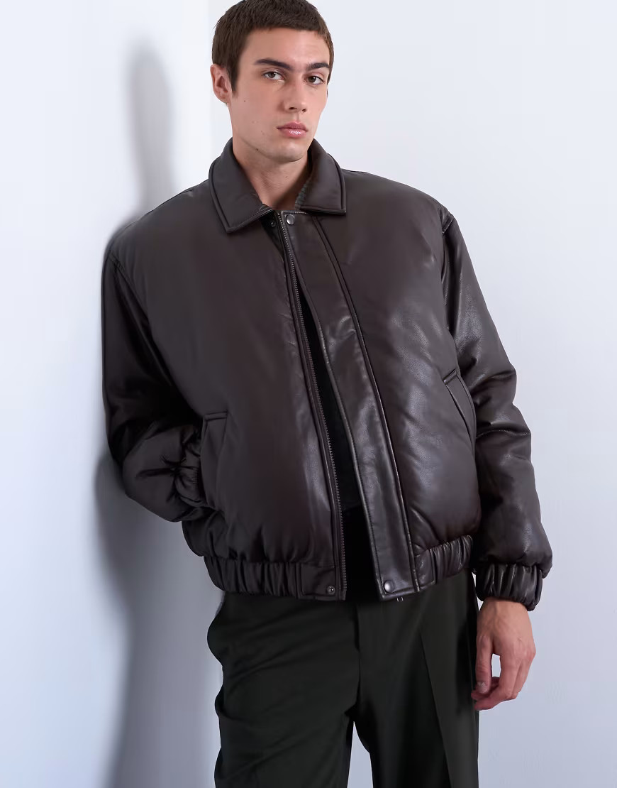 Topman faux leather puffer jacket in chocolate-Brown | ASOS (Global)