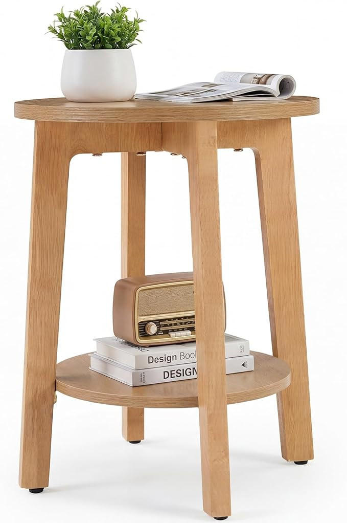 DUMOS Small Round Side Table for Living Room, 2-Tier Wood End Table with Storage Shelf, 220 Lbs, ... | Amazon (US)