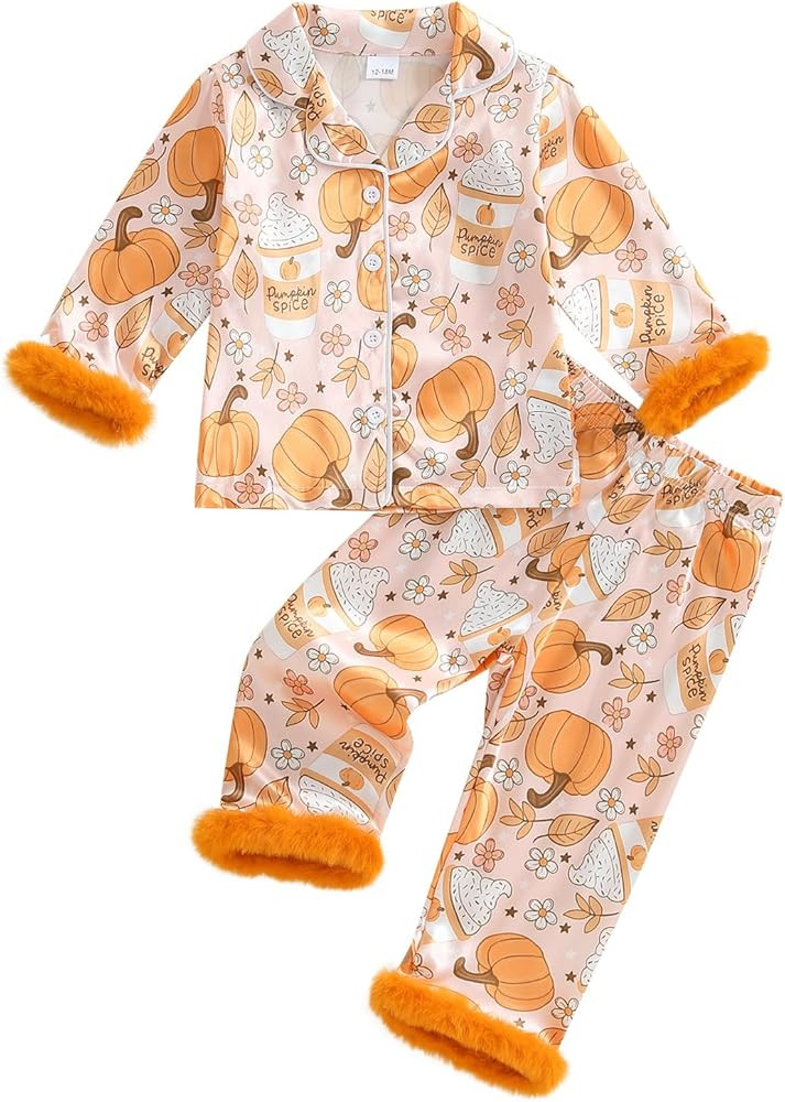 Kuriozud Kids Toddler Girl Satin Pajamas Fuzzy Trim Long Sleeve Button Down Shirt Top and Pants 2... | Amazon (US)