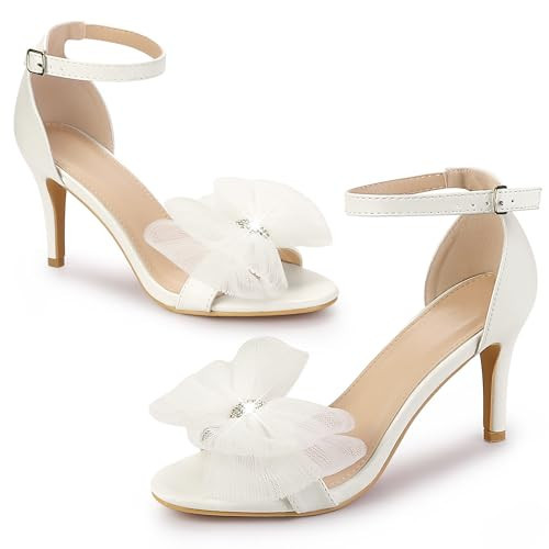 Perphy Stiletto Heels with Bows Ankle Strap Rhinestone Bow Sandals for Women White Dress Wedding Shoes - 7 M US | Amazon (US)