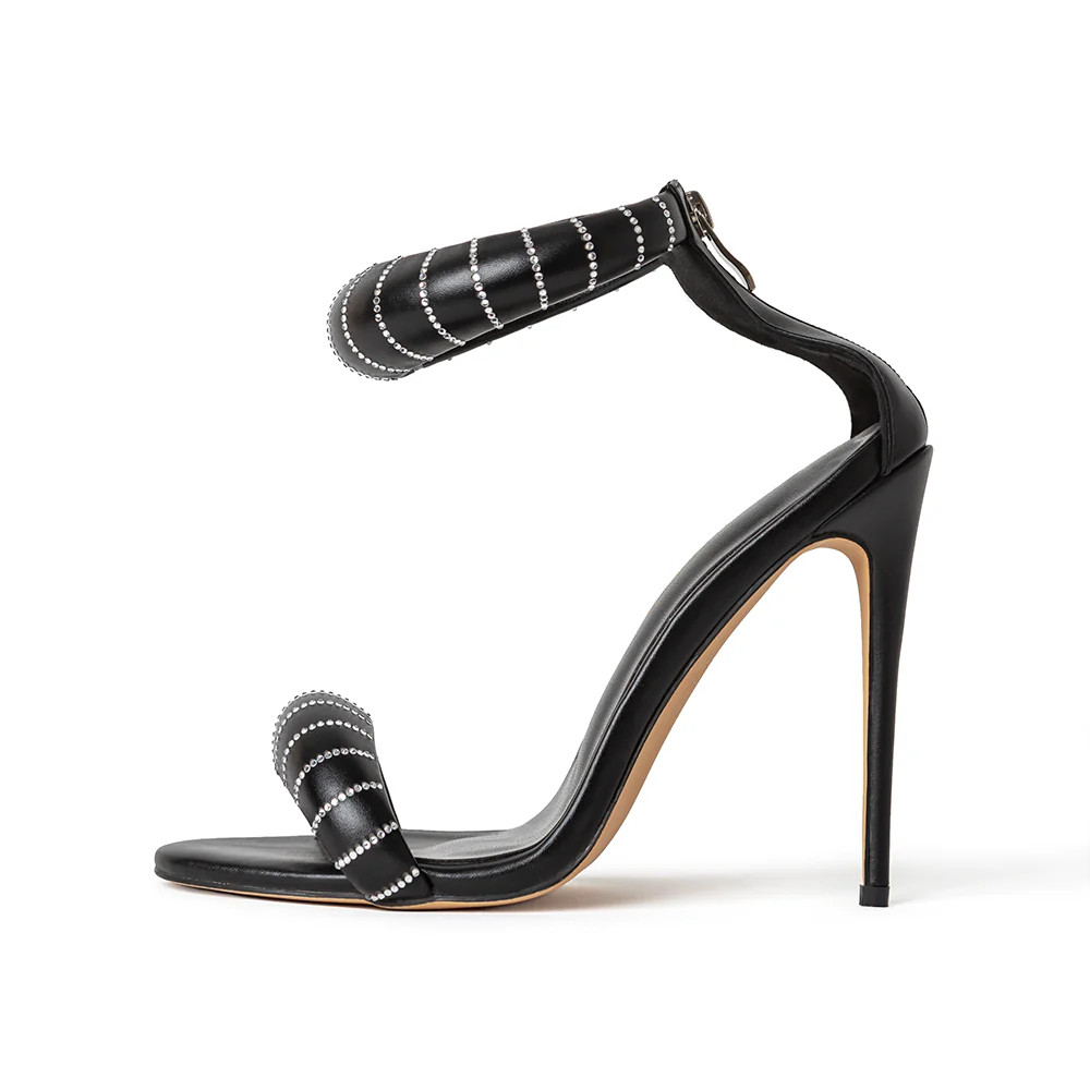 Carine Black Vegan Leather and Crystal Heels | CULT OF COQUETTE