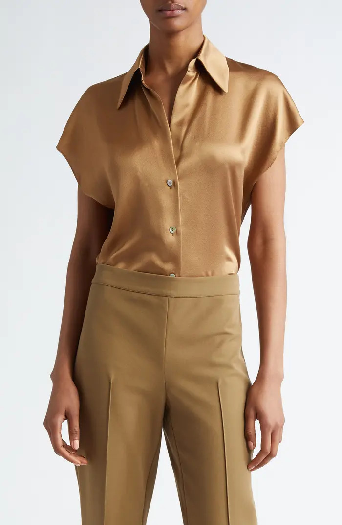 Cap Sleeve Gathered Back Short Sleeve Silk Button-Up Shirt | Nordstrom
