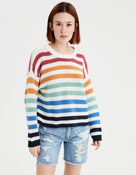 AE Striped Crew Pullover Sweater | American Eagle Outfitters (US & CA)