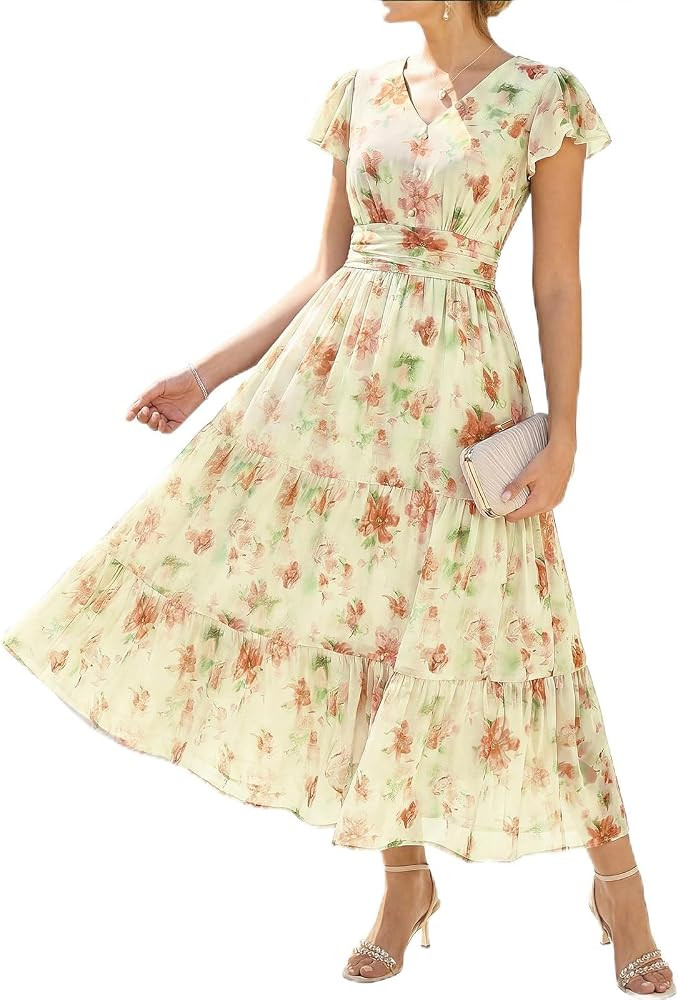GRACE KARIN 2026 Women Summer Dress,Maxi Short Sleeve Floral Dresses,Semi Formal Flowy Wedding Gu... | Amazon (US)