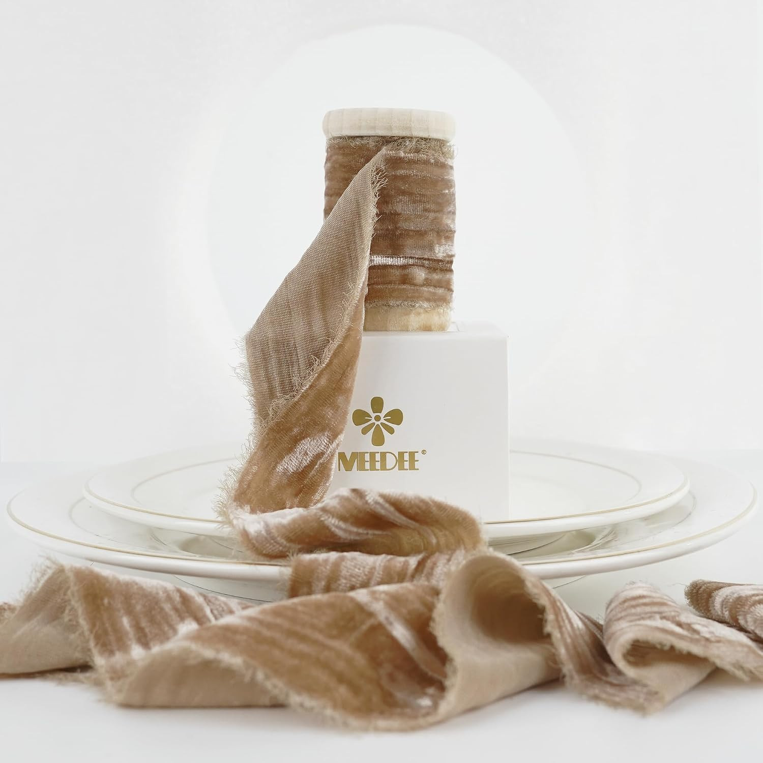 Camel Velvet Ribbon 2 Inch Crinkle Raw Edge Silk Ribbons 2 Rolls 4 Yards Bronze Crushed Ribbons Nude Velvet Ribbon for Christmas Tree, Gift Wrapping, Holiday Decor | Amazon (US)