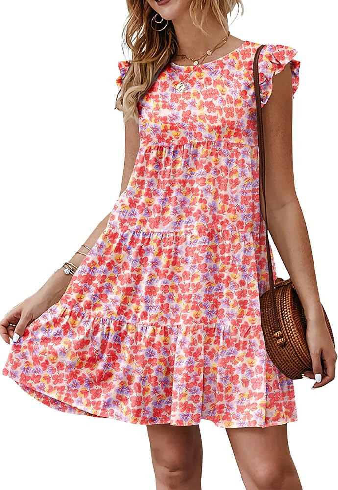 KIRUNDO Women's Summer Dresses Sleeveless Ruffle Sleeve Round Neck Solid Loose Short Flowy Pleate... | Amazon (US)