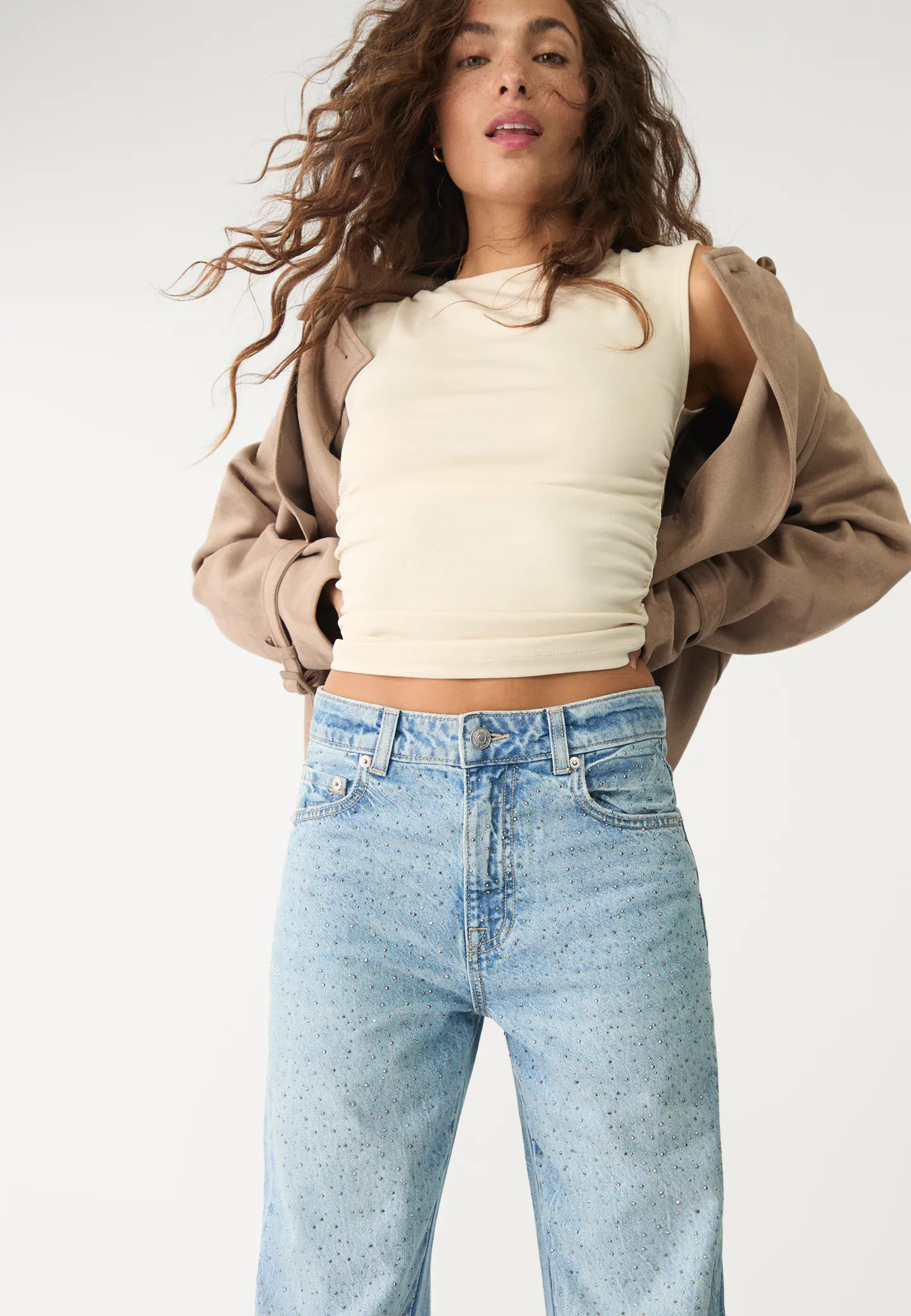 Straight-fit jeans with rhinestones - Women's Jeans | Stradivarius United Kingdom | Stradivarius (UK)