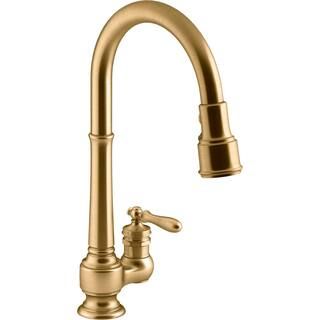 KOHLER Artifacts Single Handle Pull Down Sprayer Kitchen Faucet in Vibrant Brushed Moderne Brass | The Home Depot
