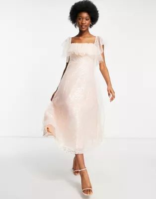 Forever U organza bardot midi dress in pink sequin | ASOS (Global)