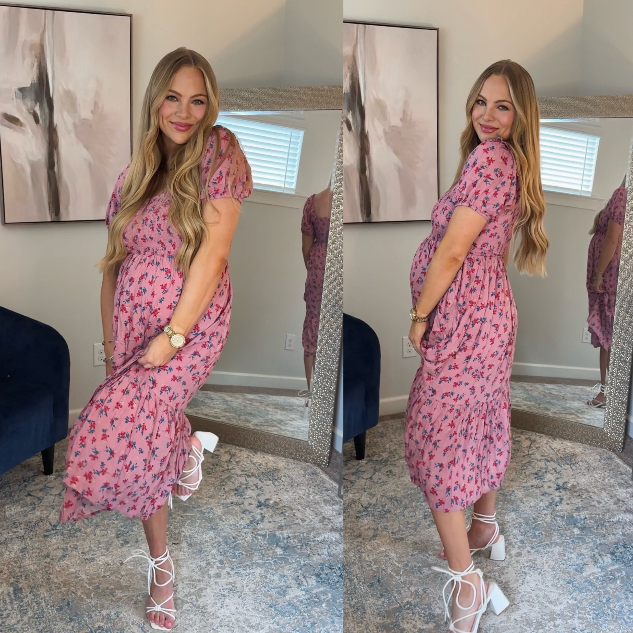 Pink dress
Smocked 
Summer
Bump friendly 
Pregnant
Maternity 
White lace up heels 
Pink floral dress
Baby shower 

#LTKFindsUnder100 #LTKStyleTip #LTKBaby