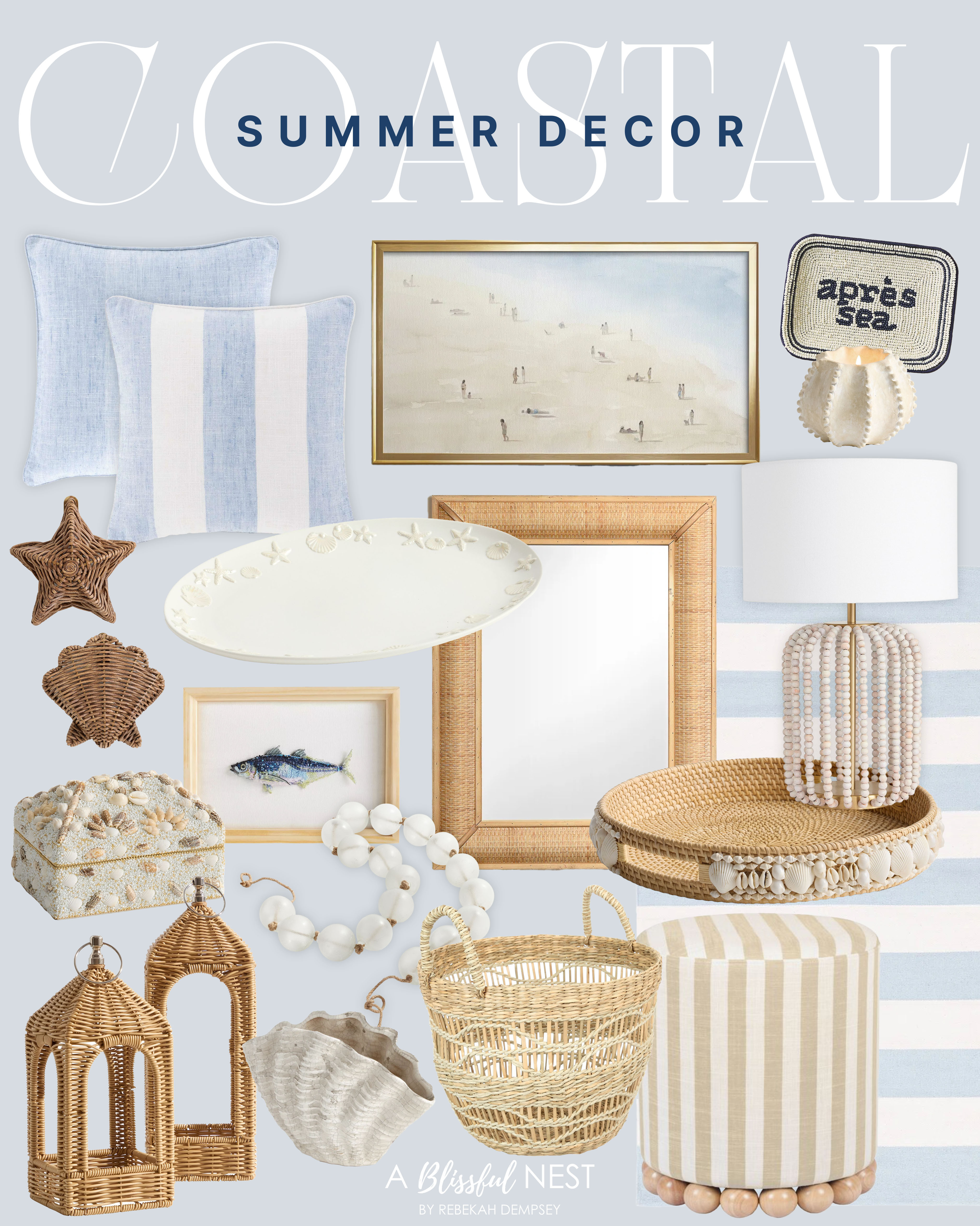 Coastal decor that feels light, airy, and perfect for summer styling. Shop the collection.

coastal embossed stoneware oval serving platter, beach print wall art, seashore handmade clay vase, blue striped handmade rug, beige striped linen ottoman, handwoven seagrass basket, woven rattan lantern, wood bead table lamp, artisan beaded, wood framed wall mirror, fish beaded wall art, clam shell, sea creature woven wall charm, shell handwoven serving tray, blue square pillow, blue stripe pillow. 

 #LTKSeasonal #LTKHome