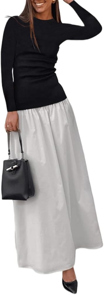 YOXUA Women's Long Sleeve Patchwork A-Line Long Maxi Dress Fall Winter Beach Maxi Dress | Amazon (US)