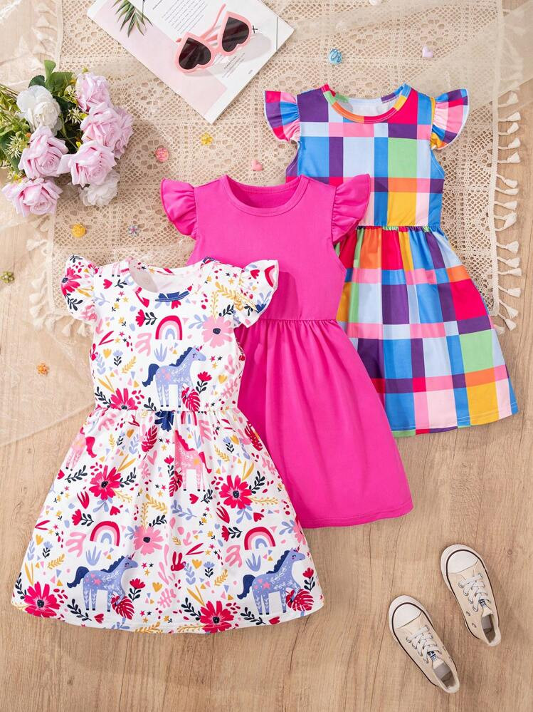 3pcs Girls Young Girl Cartoon Floral Plaid Print Cap Sleeve Dress Set, Summer | SHEIN