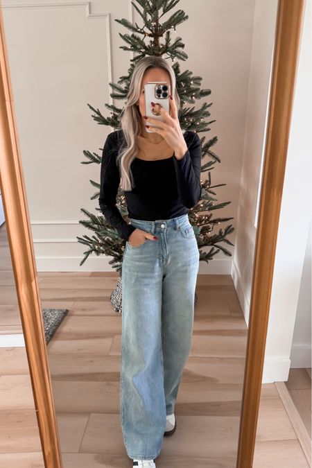 Womens Long Sleeve Shirts Square Neck Slim Fit Crop Tops Thermal Cotton T Shirt Basic Stretchy Tee. Wearing my true size small. Pants I went up one size. 

High waisted jeans, wide leg jeans, 90s jeans, H&M jeans

#LTKHoliday #LTKGiftGuide

#LTKSeasonal