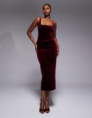 ASOS DESIGN velvet curved neckline midi dress in berry red | ASOS (Global)