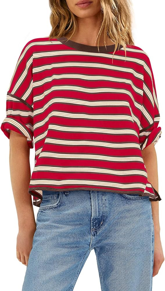 Panadila Womens Striped Shirt Short Sleeve Tops Summer Casual Oversized Tshirts Crew Neck Boxy Te... | Amazon (US)