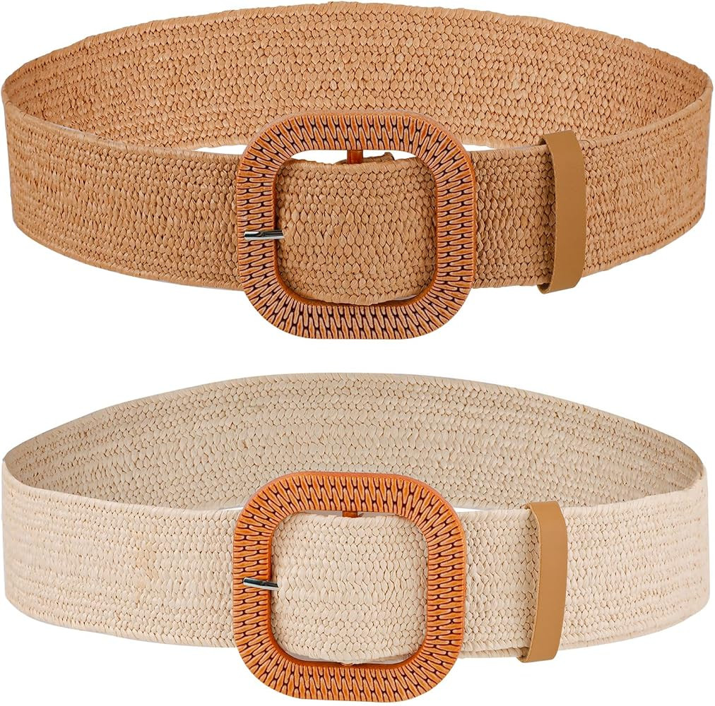 2pcs Braided Waist Belts for Women, Braided Dress Belt Straw Woven Elastic Belt with Square Butto... | Amazon (US)