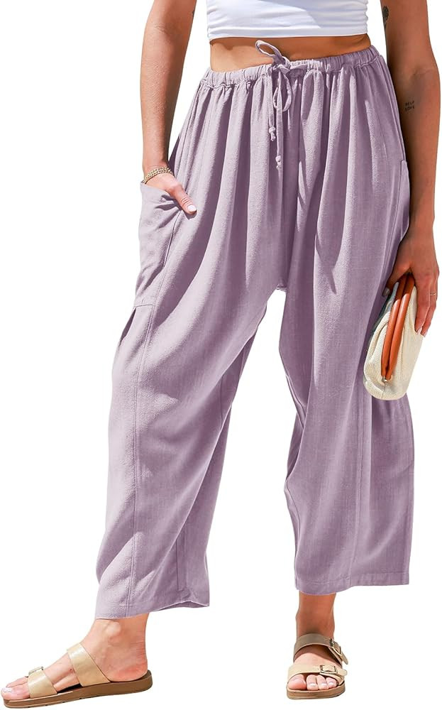 TARSE Womens Linen Wide Leg Pants Casual Loose Drawstring Low Waist Beach Palazzo Harem Pants wit... | Amazon (US)
