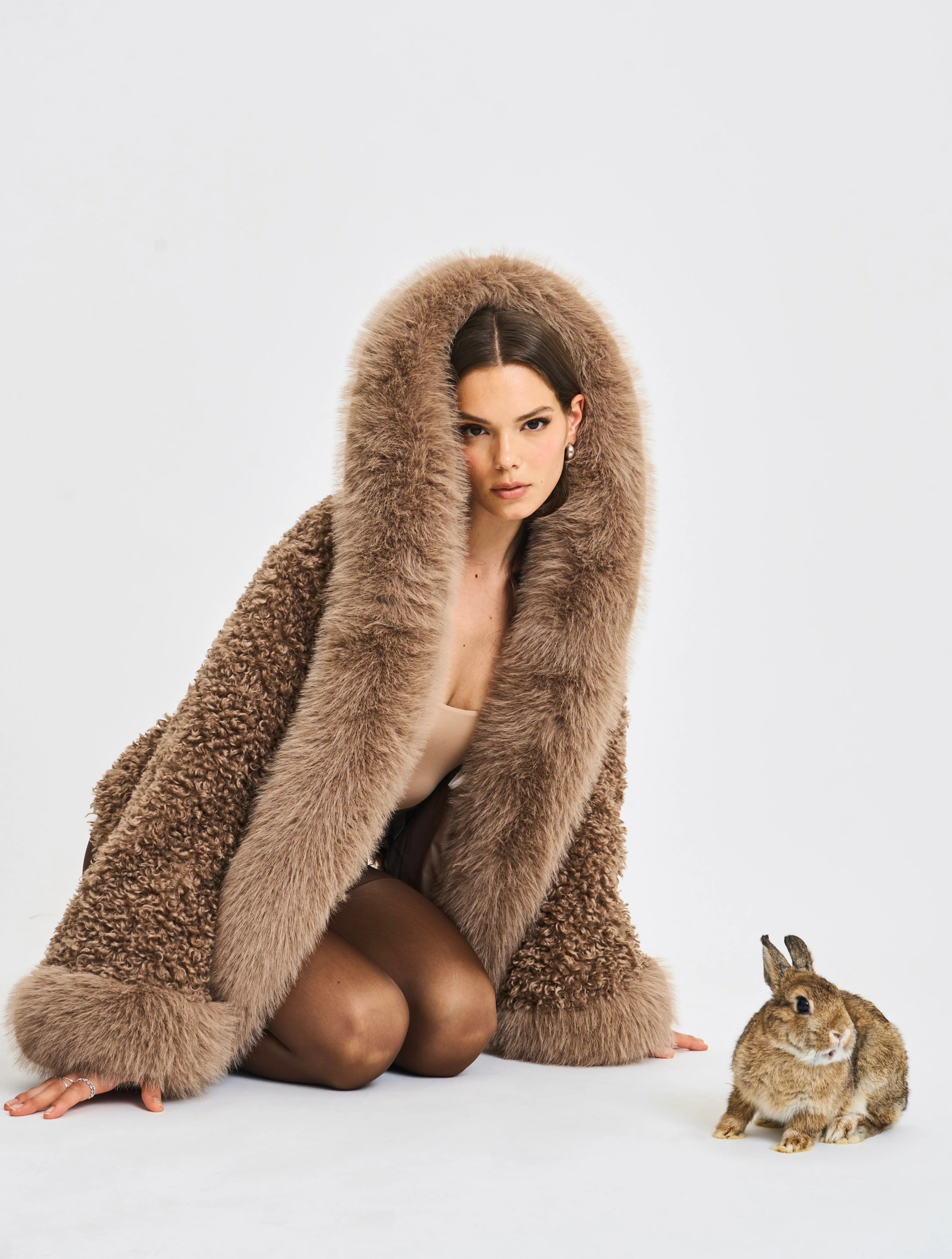 Jumbo Kali Camel Vegan Shearling Fur Trimmed Coat | Miss Circle