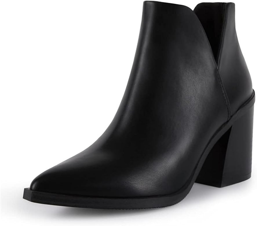 FISACE Womens Pointed Toe Stacked Mid Heel Ankle Boots V Cut Back Zipper Faux Leather Booties | Amazon (US)