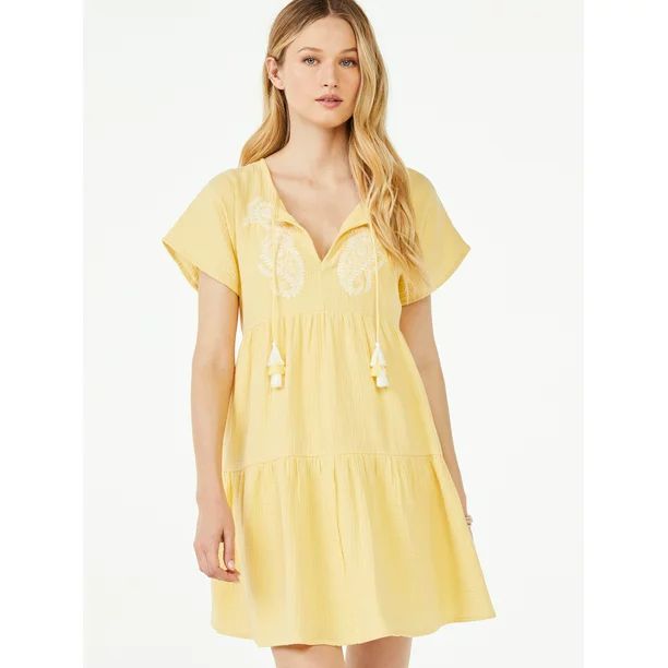 Scoop Women's Short Sleeve A-Line Short Dress with Tassels | Walmart (US)
