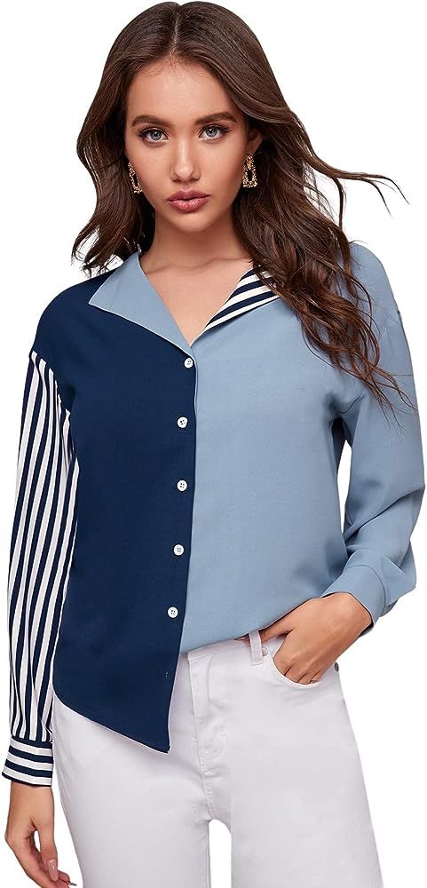 SheIn Women's Color Block Button Down Collar Work Blouse Striped Long Sleeve Shirt Top | Amazon (US)