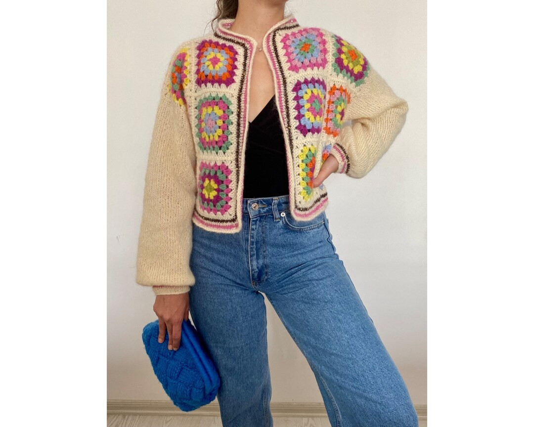 Granny Square Cardigan, Knitted Patchwork Mohair Bomber, Crochet Mohair Sweater, Personalized Reb... | Etsy (US)