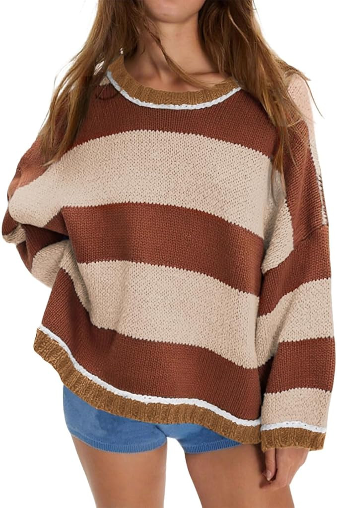 Womens Fall Color Block Striped Sweater Crewneck Long Sleeve Loose Pullover Sweaters Knitted Tops | Amazon (US)