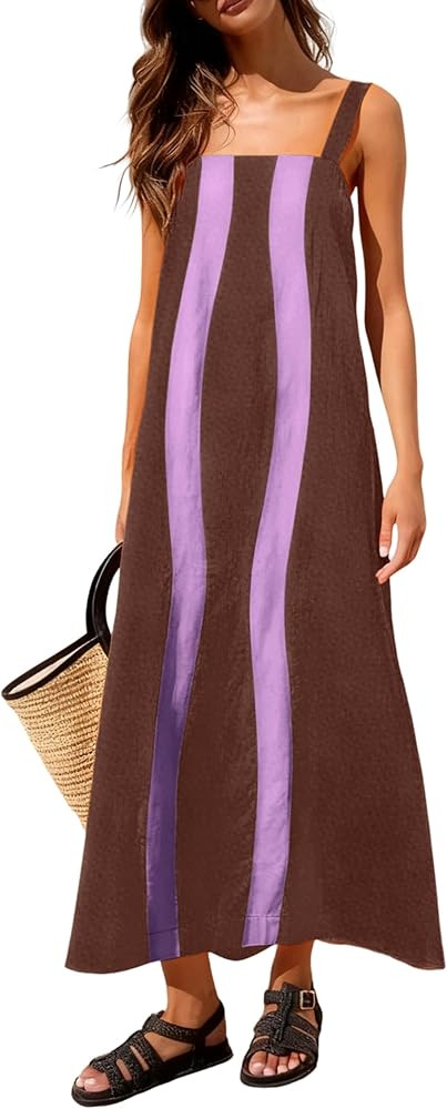 Yidarer 2026 Women's Summer Boho Maxi Dress Color Block Adjustable Straps Beach Sundress Casual V... | Amazon (US)