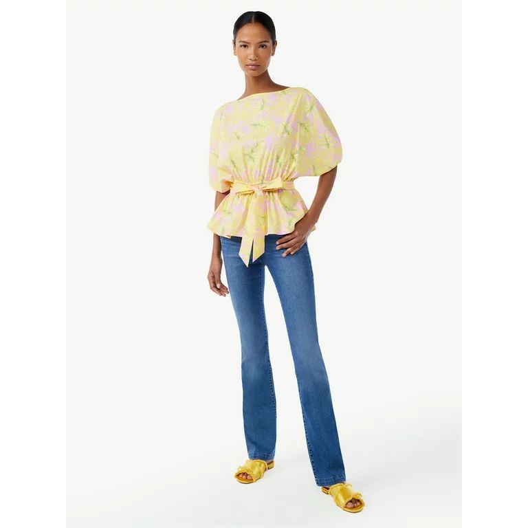 Scoop Women's Peplum Top with Ruched Sleeves | Walmart (US)