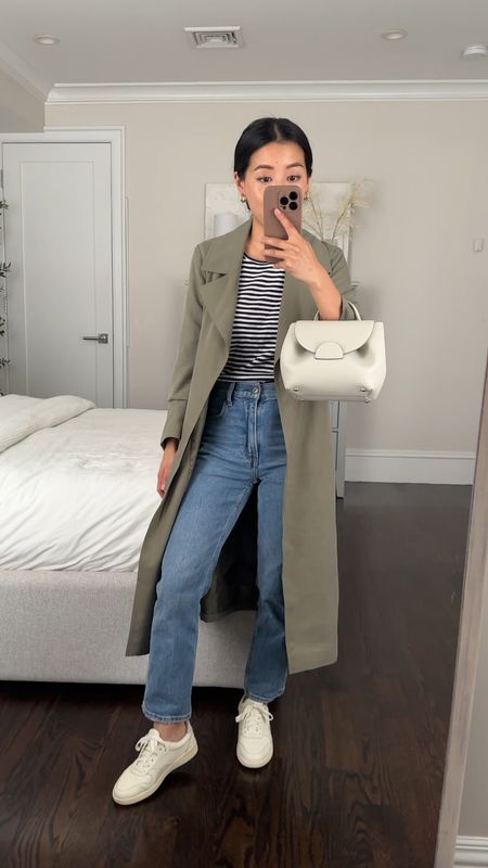 •Draped trench coat xxs petite - finally found a currently stocked version of my olive green trench from years ago! Such a good lightweight and drapey layer for throwing on over casual and workwear. Fully lined with a relaxed fit. Linked a few other pieces I’m also eying from BR Factory! 
•A+F jeans 24 short 
•Everlane court sneakers sz 5 
•Everlane tee - old, current options linked 
•Polene bag (not linkable on LTK) 
#petite smart casual spring denim outfit

#LTKsalealert #LTKFind #LTKstyletip