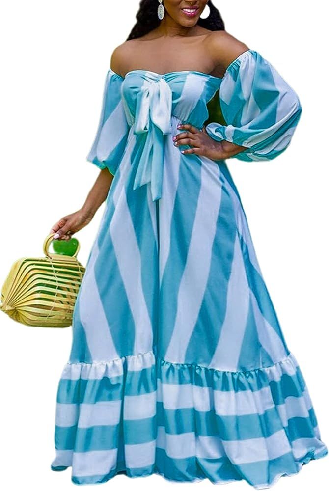 SAMACHICA Women Elegant Off Shoulder Strapless Multi-wear Color Block Striped Ruffled Maxi Dress ... | Amazon (US)