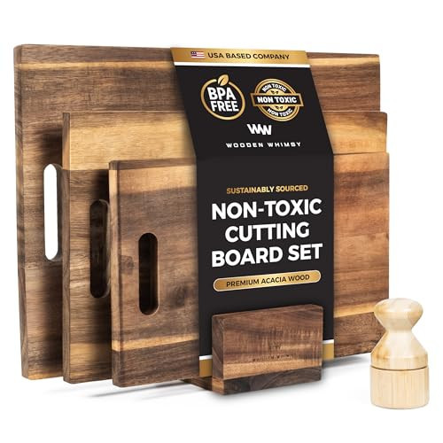Modern Acacia Cutting Board Set with Holder and Oil Applicator- 3-Piece Wooden Kitchen Butcher Block - Solid Wood Chopping Blocks for Food Prepping, Charcuterie, and Cheeseboards | Amazon (US)