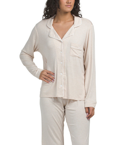 2Pc Notch Collar Long Sleeve Pajama Set For Women, Spandex/Modal | TJ Maxx