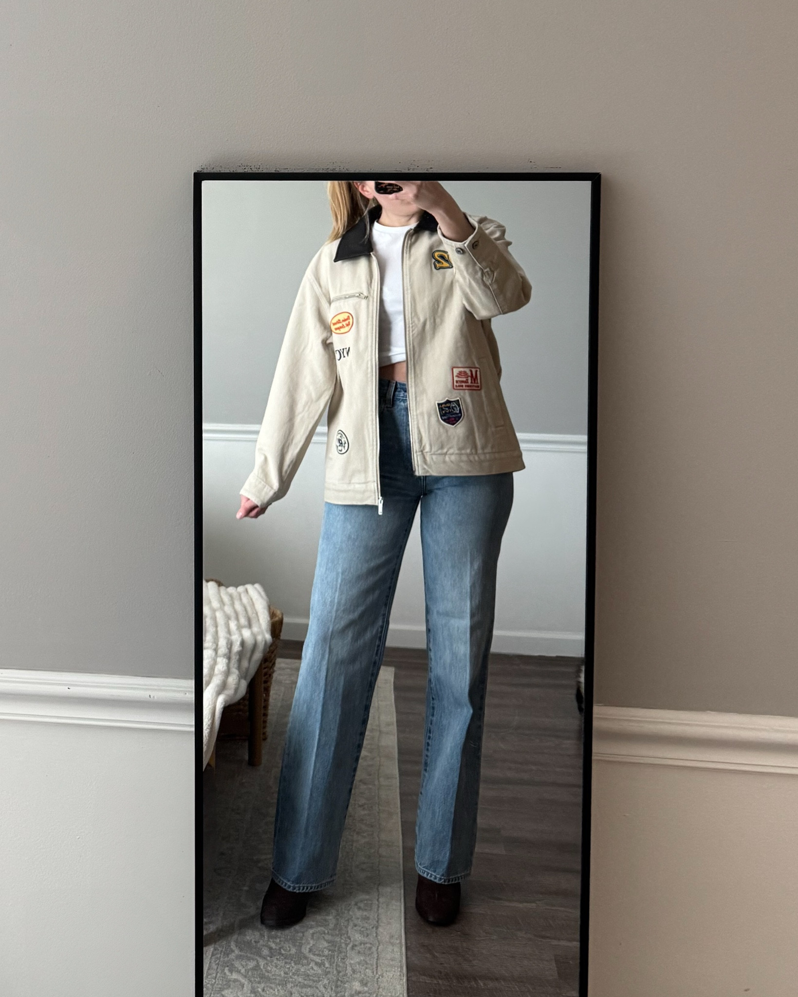 Barn jacket on clearance rn + 20% off when you shop in the app!! Sized up to a medium for an oversized fit. Amazing quality. Tee is TTS, I have it folded under. Aritzia Farrah jeans are true size long (26L - I’m 5’7”) in the color 7 years

Abercrombie sale 

#LTKSaleAlert #LTKFindsUnder100