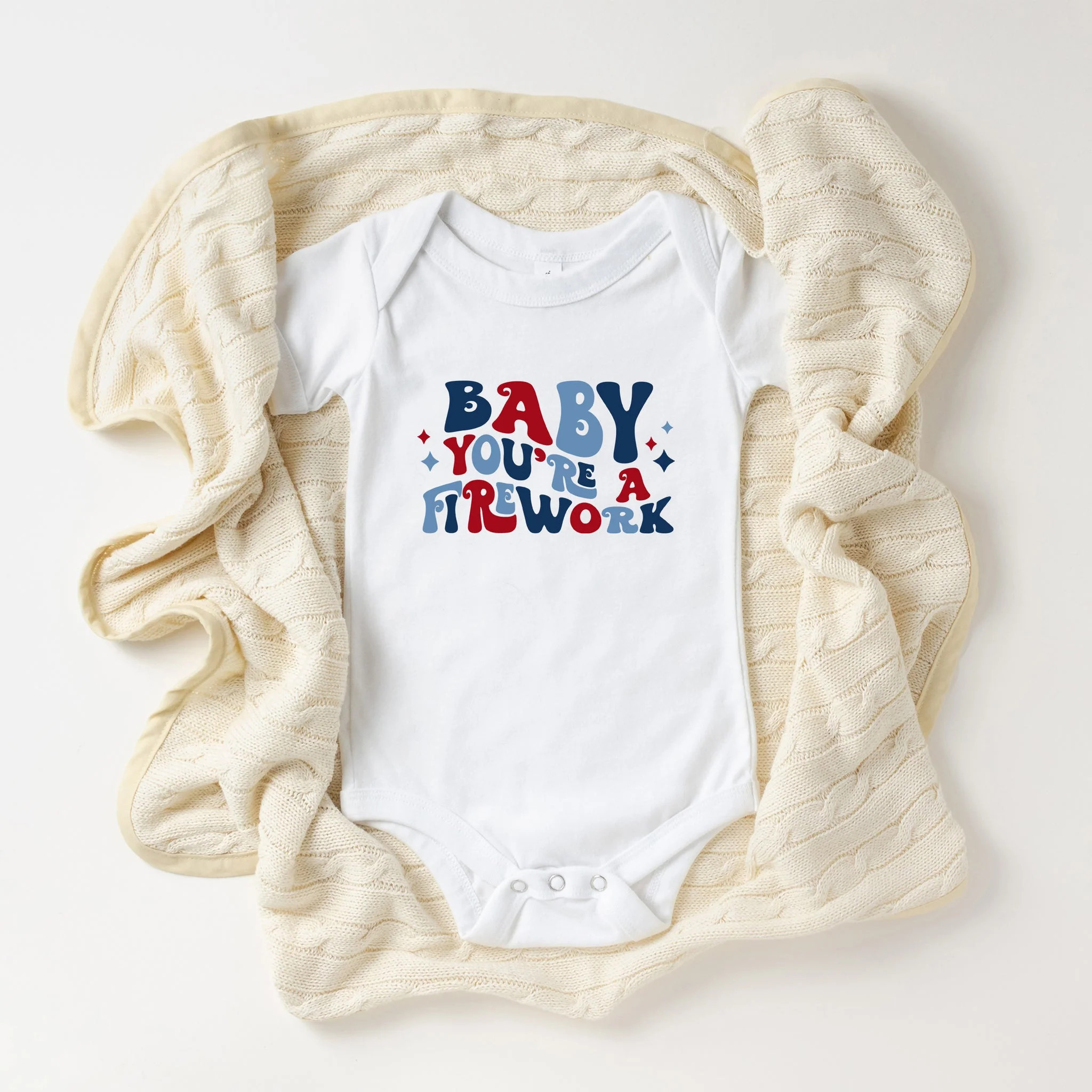 Baby You're A Firework Retro Short Sleeve Bodysuit, White | SpearmintLOVE