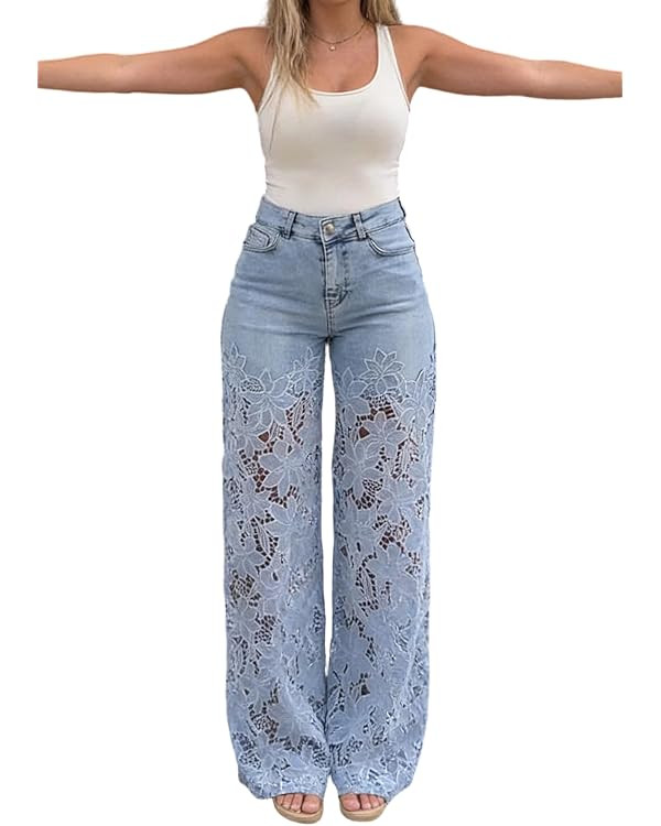 Women's Lace Floral Jeans Embellished Jeans Hollow Out Straight Leg Trendy Denim Baggy Pants | Amazon (US)