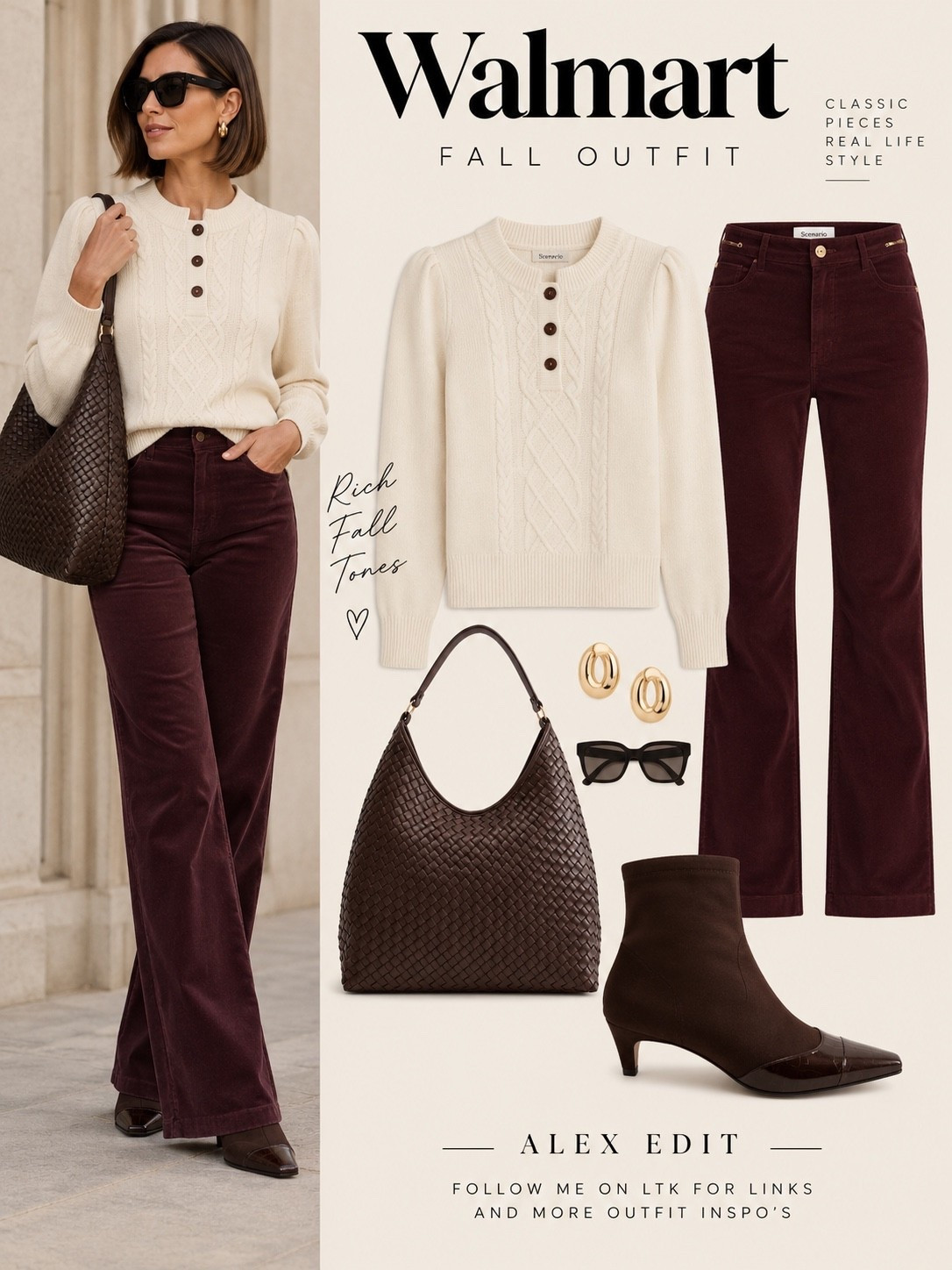 There’s something about burgundy and chocolate brown together that feels so right for fall. The rich color of these corduroy pants paired with a soft ivory cable-knit sweater creates a beautiful balance of color and texture. Add the woven chocolate brown bag and two-tone ankle boots, and you have a polished, effortless look that’s perfect for everyday wear.

All from Walmart!