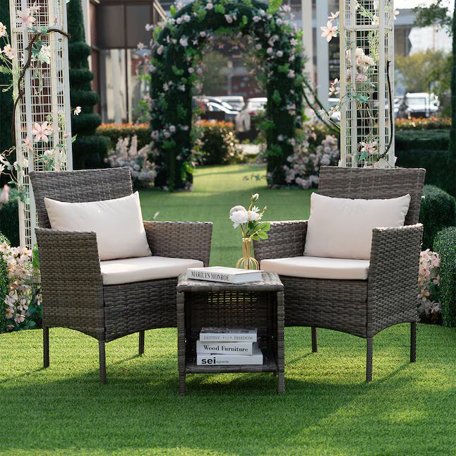 Grearden Bistro Set 3-Piece Wicker Patio Conversation Set with Off-white Cushions | Lowe's